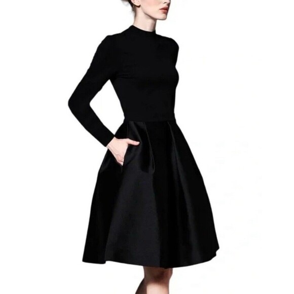 New Vicky & Lucas Black Long Sleeve Dress with Pleats and Pockets. Medium. NWT - Picture 1 of 13